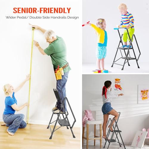 3 Step Folding Ladder with Handrails Black I86774
