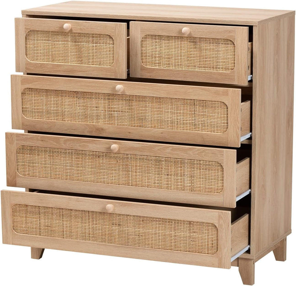 Oak Brown Wood and Natural Rattan 5-Drawer Cabinet X95441