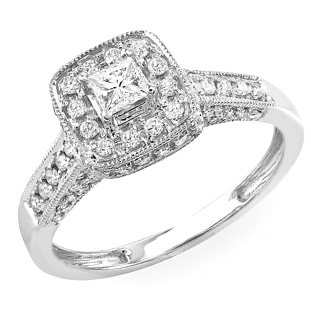 14k White Gold Princess Diamond Halo Engagement Ring G495