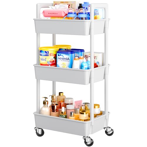 White 3 Tier Plastic Rolling Cart with Lockable Wheels B8386