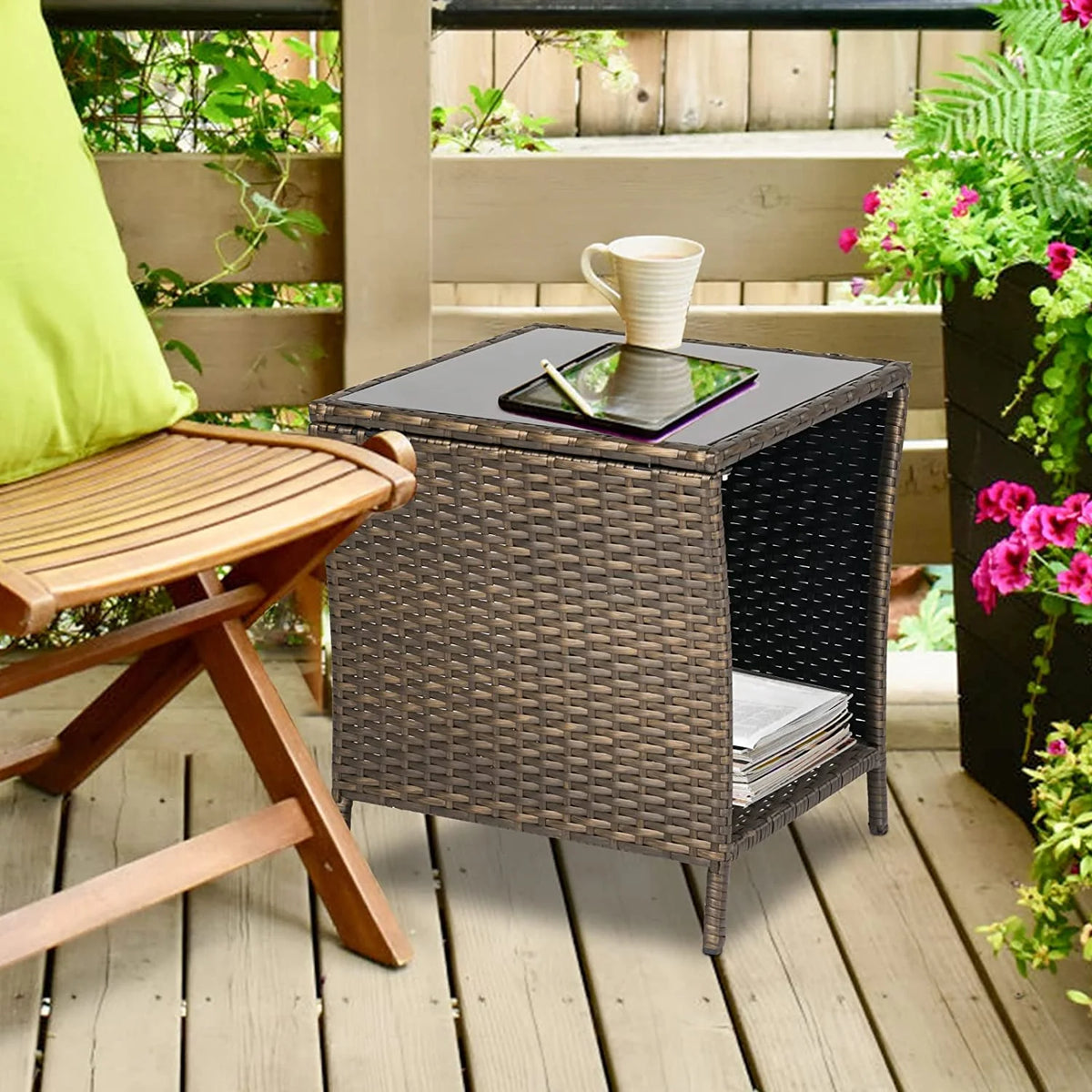 Brown Wicker Rattan Side Table with Storage L299827