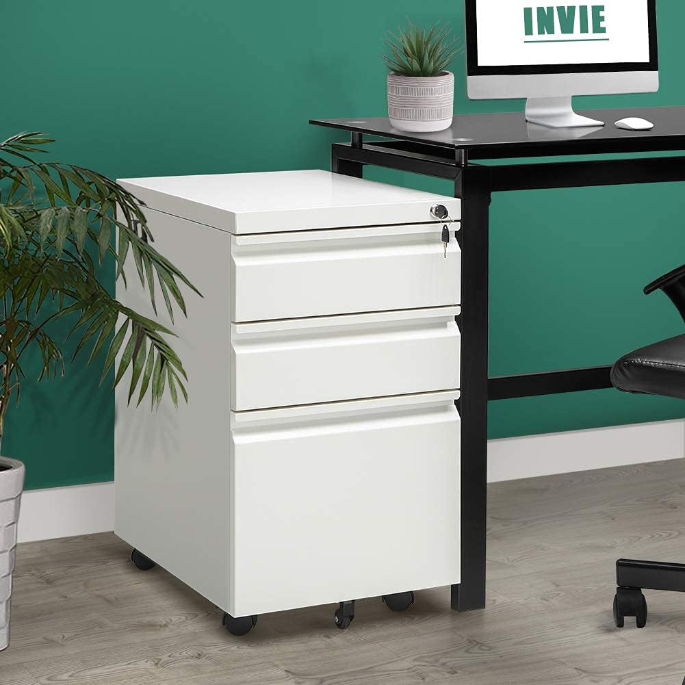 White Metal 3 Drawer File Cabinet with Lock E815
