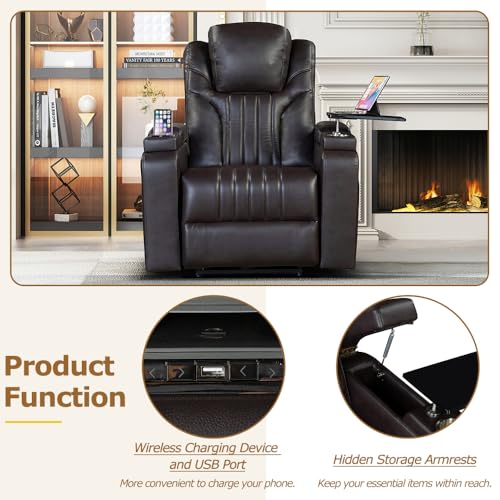 Brown Power Recliner with Power Adjustable Headrest, Wireless Charging Device, USB Port, Storage Arms, Cup Holder and Swivel Tray Table T954625