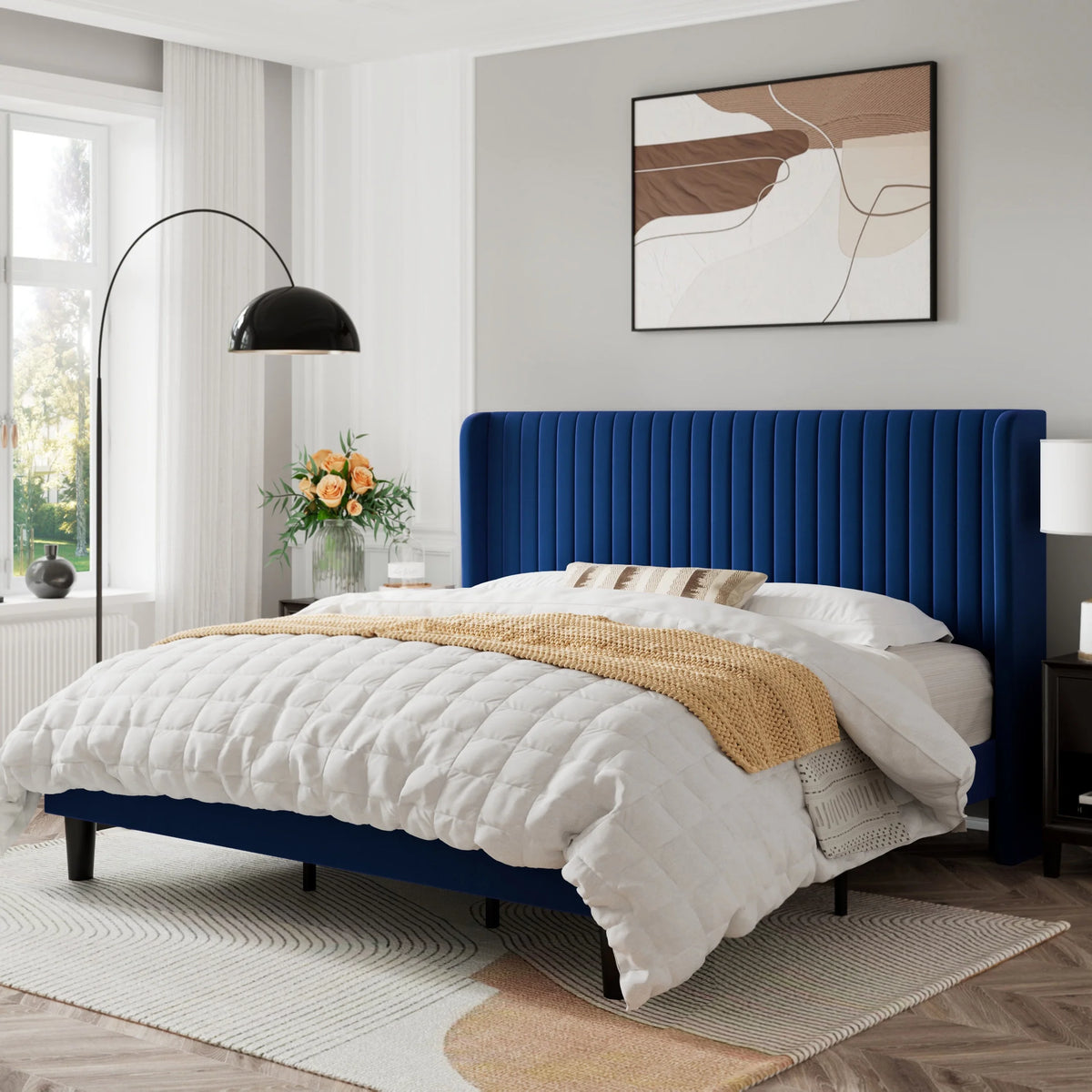 Queen Size Off White Velvet Platform Bed Frame with Wingback Headboard W72658