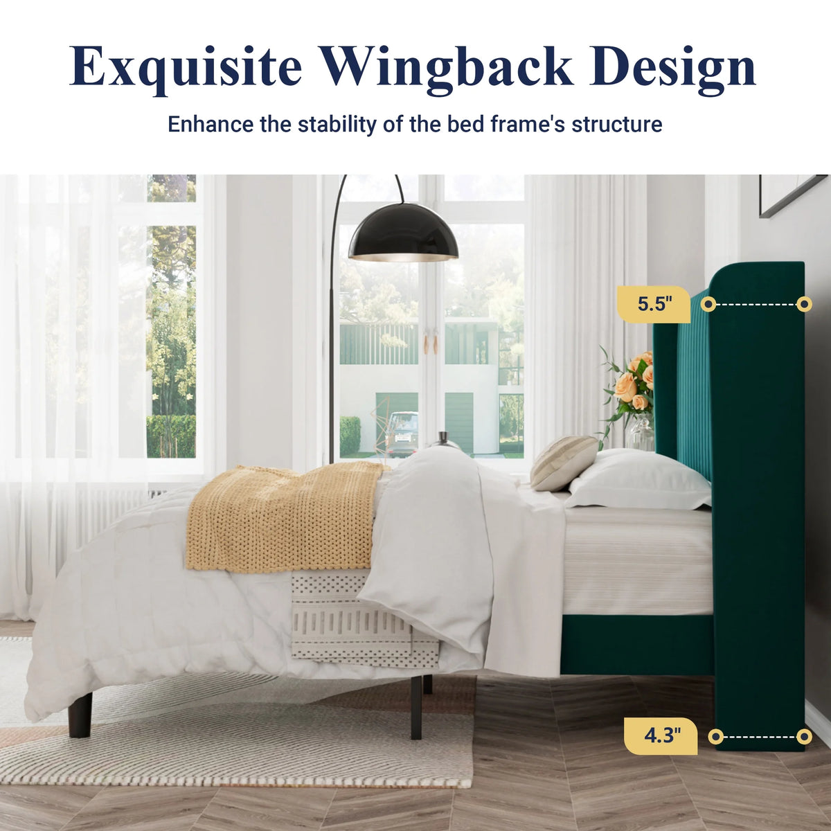 Queen Size Off White Velvet Platform Bed Frame with Wingback Headboard W72658