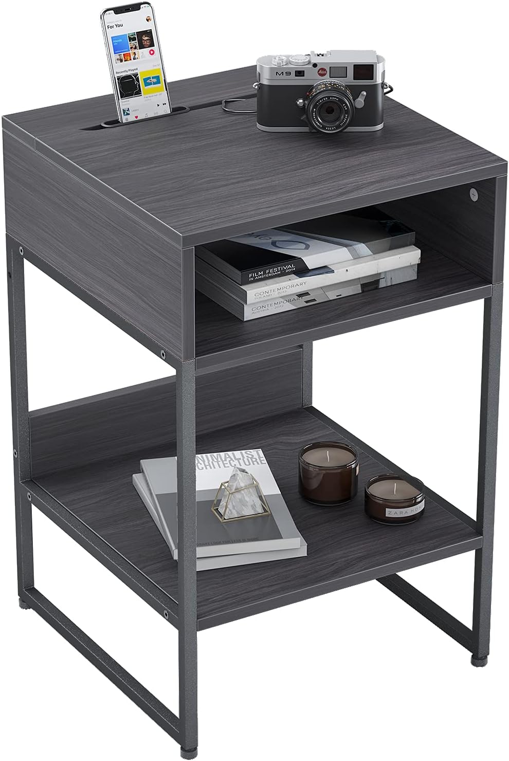 Fir Brown Side Table with Storage Compartment L829