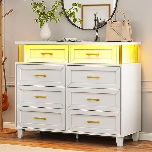 White 8 Drawer Led Dresser R46058