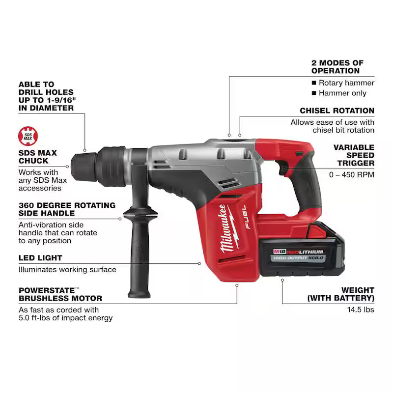 18-Volt Cordless Brushless Rotary Hammer Kit with Two 8.0Ah Batteries & Impact Wrench F19209