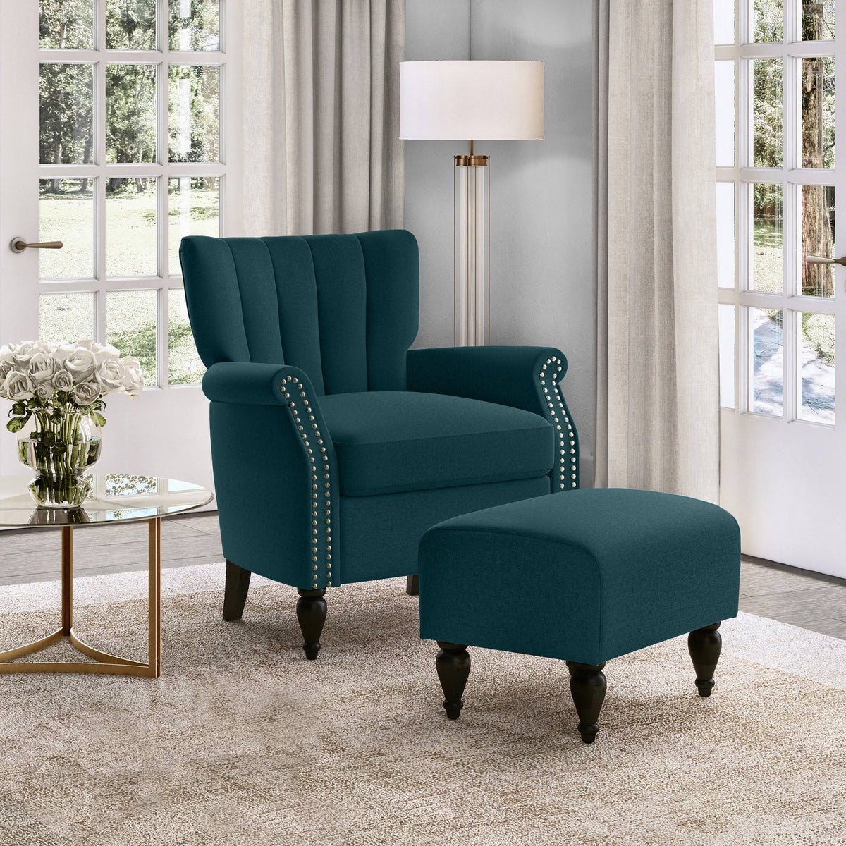 Botanical Velvet Arm Chair and Ottoman J1128