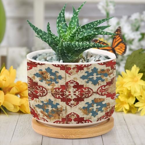Blue And White Porcelain Ceramic Round Plant Pot with Drainage Holes And Bamboo Tray V814
