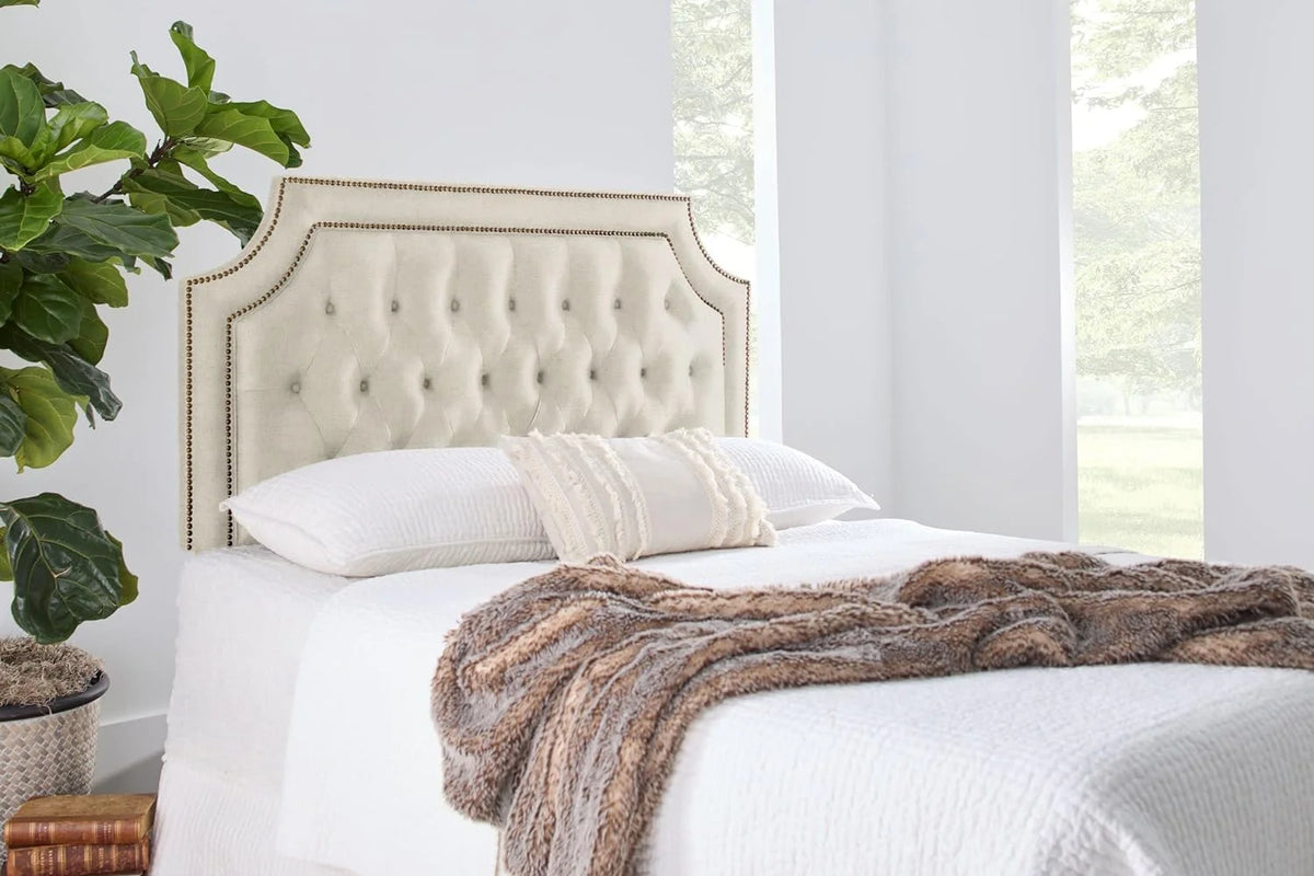 Oatmeal Linen Upholstered Tufted Button Queen Headboard H3255
