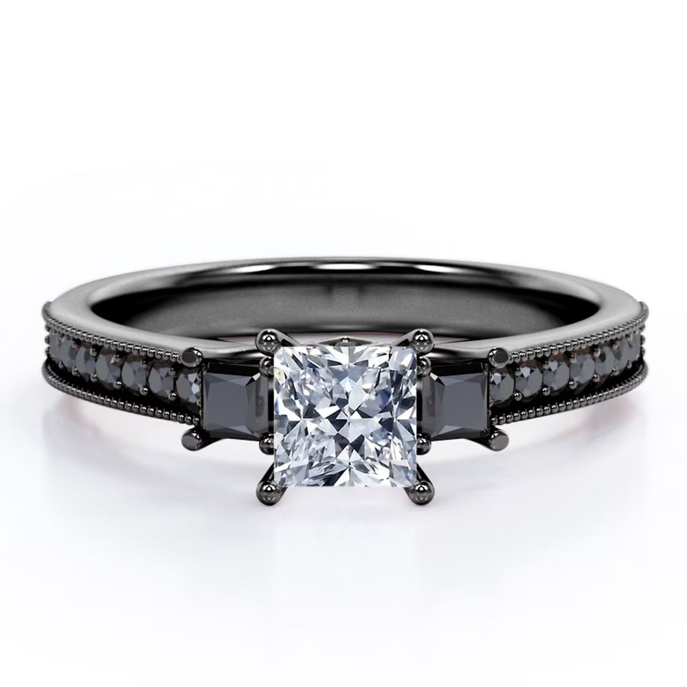 0.5 TCW Princess Cut Moissanite Engagement Ring with Lab Created Black Diamond E71266