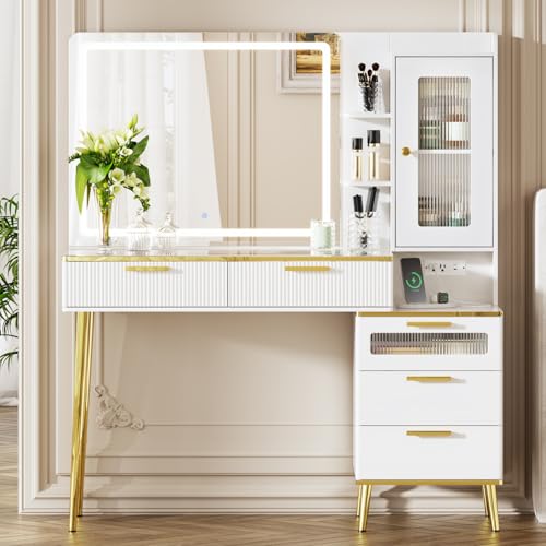 White Vanity Desk with Mirror and Lights G570258