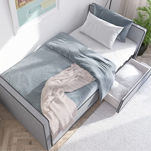 Twin Size Platform Bed Frame with 2 Storage Drawers in Gray Fabric G82666