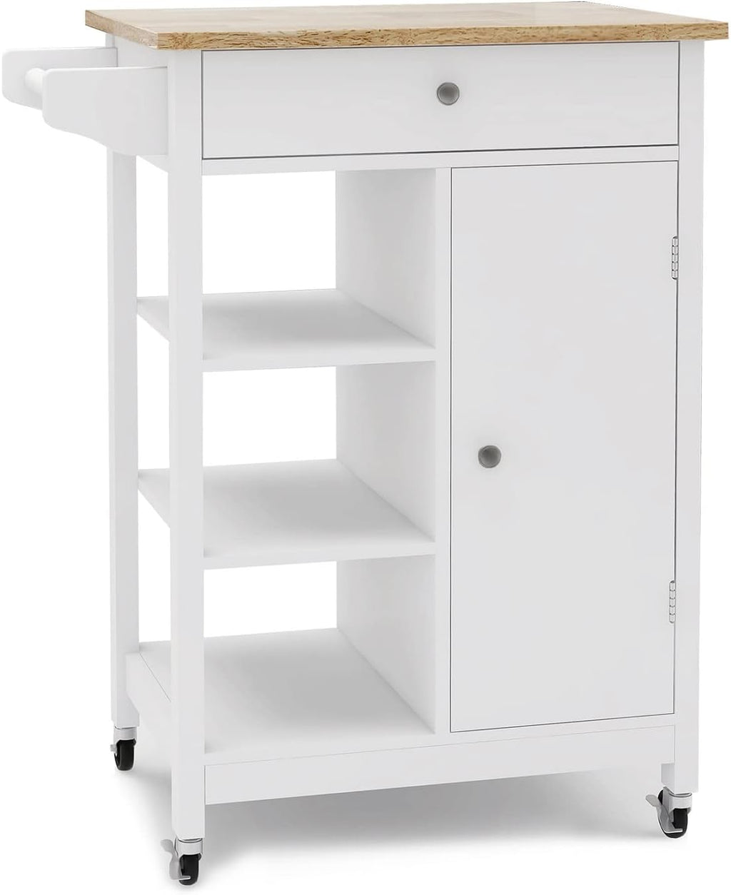 White Rolling Wood Dining Cart with 2 Drawers, 3 Baskets and 2 Shelves H8107