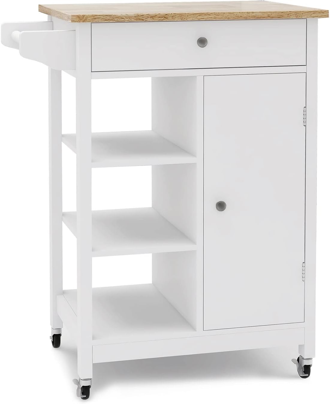 White Rolling Wood Dining Cart with 2 Drawers, 3 Baskets and 2 Shelves H8107
