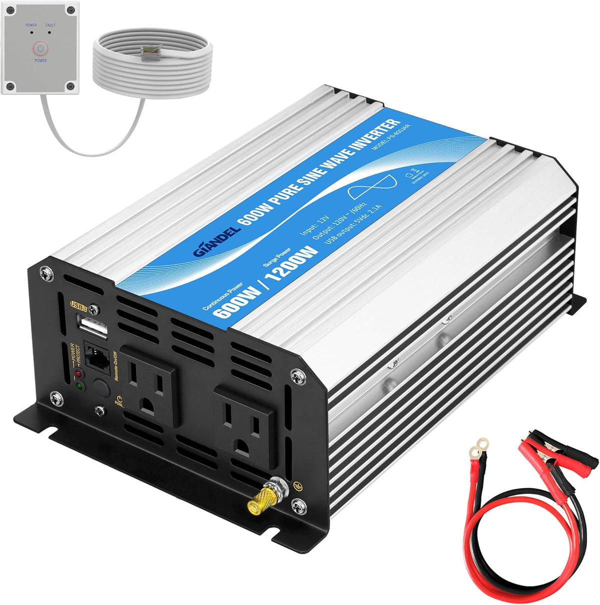 Pure Sine Wave 600Watt Power Inverter with Remote Control Dual AC Outlets and USB Port C146204