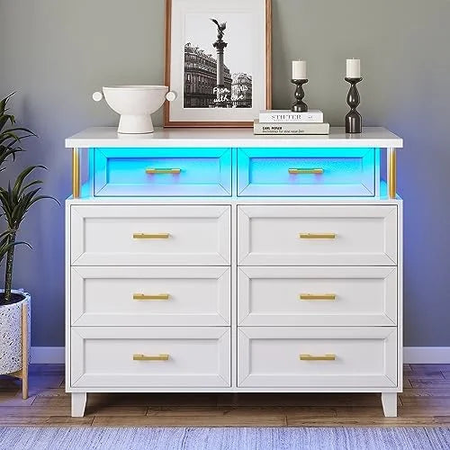 White 8 Drawer Led Dresser R46058