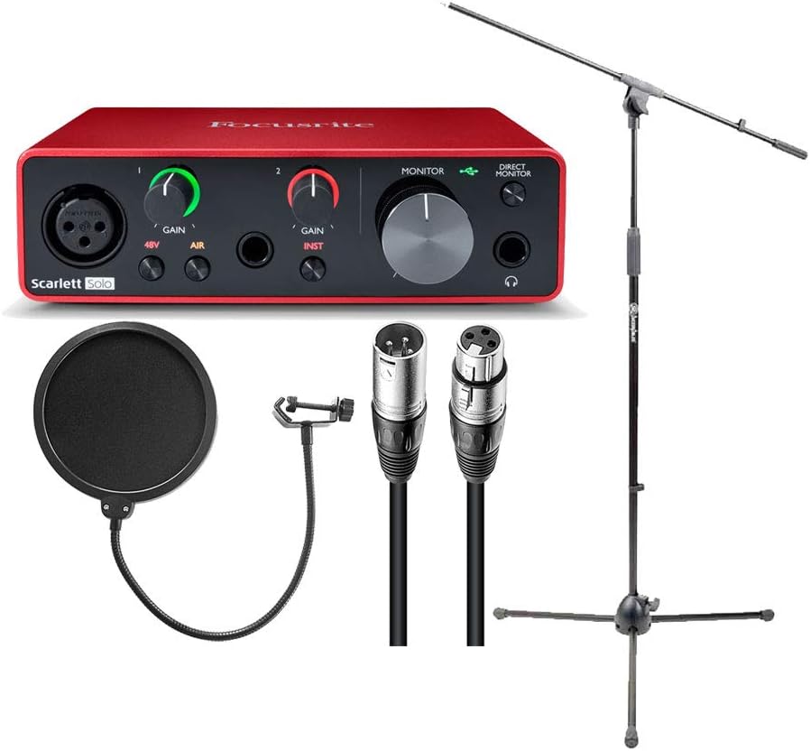 USB Audio Interface Bundle with Boom Stand, Pop Filter, XLR Cable (4 Items) K371320
