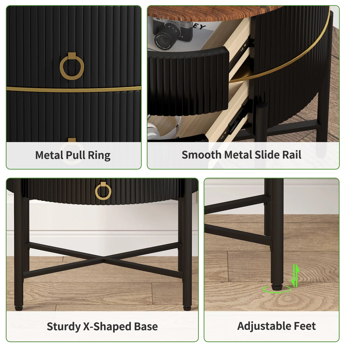 Black 2-Drawer End Table with X-Metal Base P454
