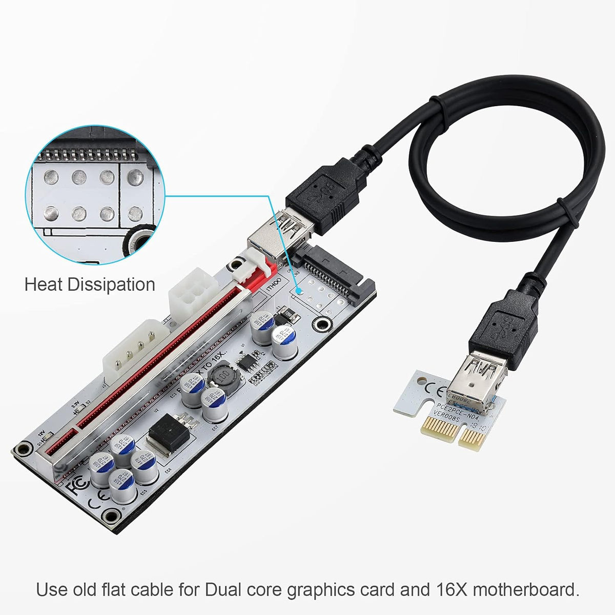 PCI-E 1X to 16X Riser Card with 24in USB 3.0 Extension Cable D3067