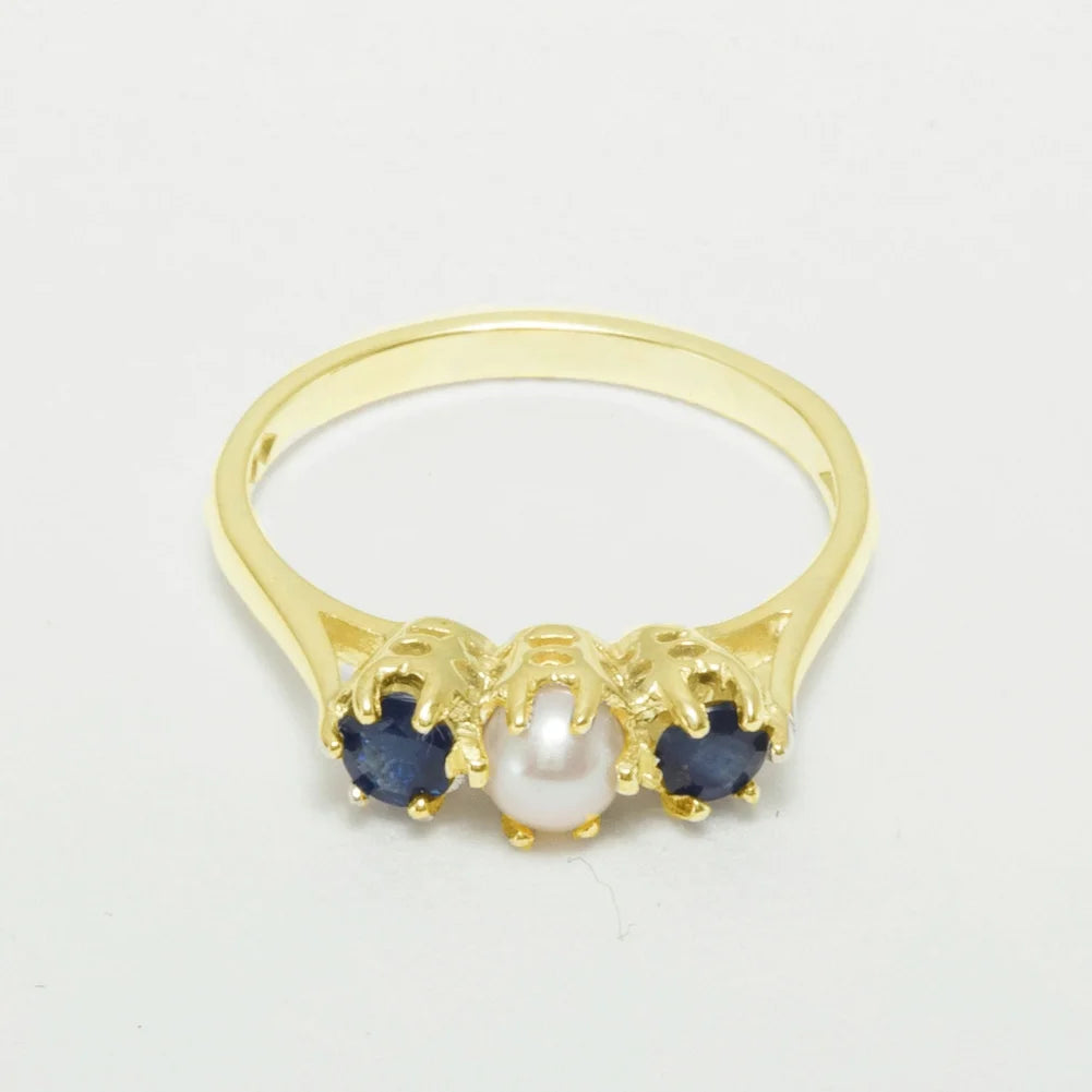 10k Yellow Gold Cultured Pearl & Sapphire Womens Ring W9917