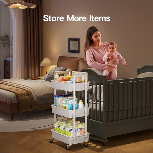 White 3 Tier Plastic Rolling Cart with Lockable Wheels B8386