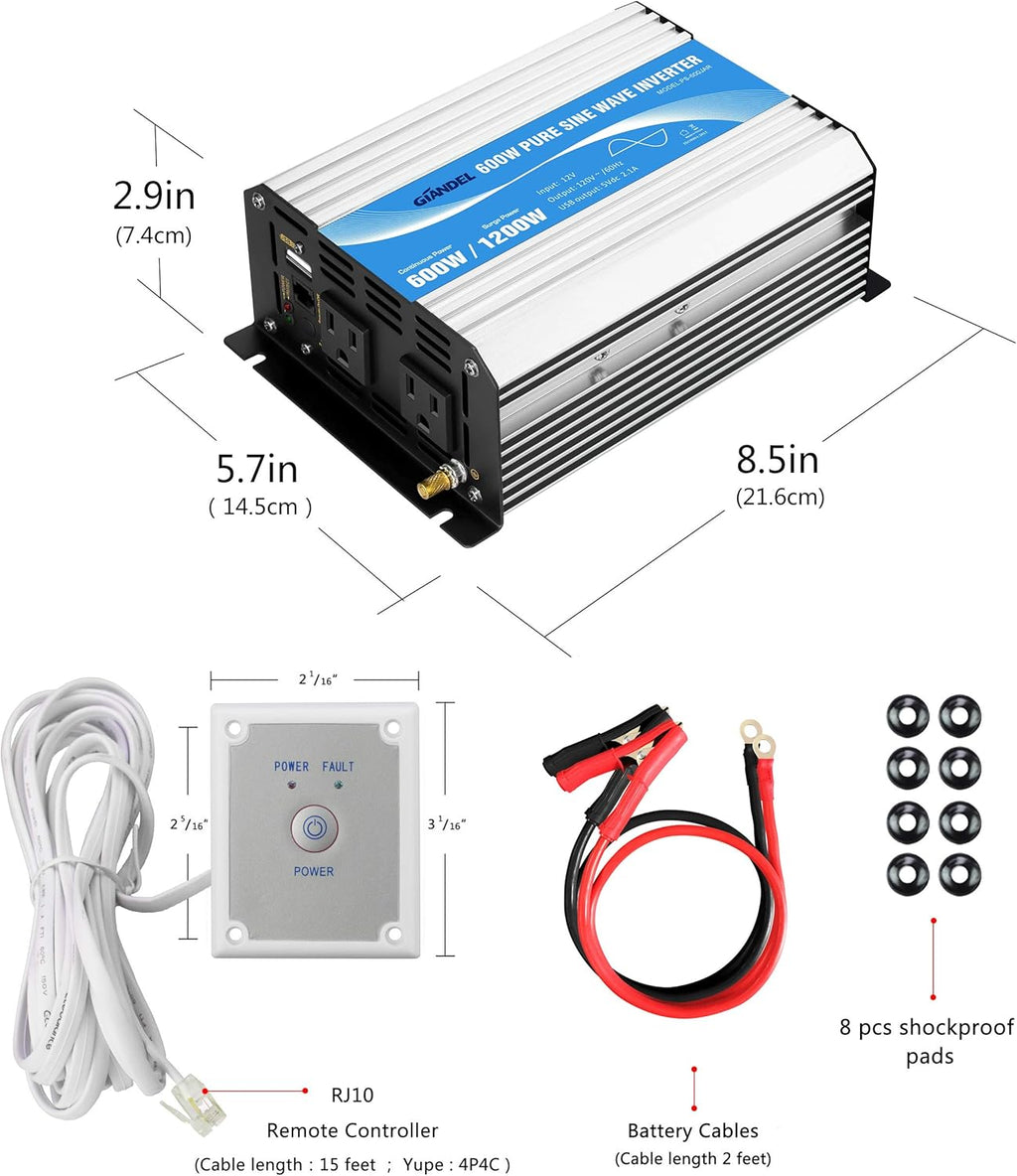 Pure Sine Wave 600Watt Power Inverter with Remote Control Dual AC Outlets and USB Port C146204