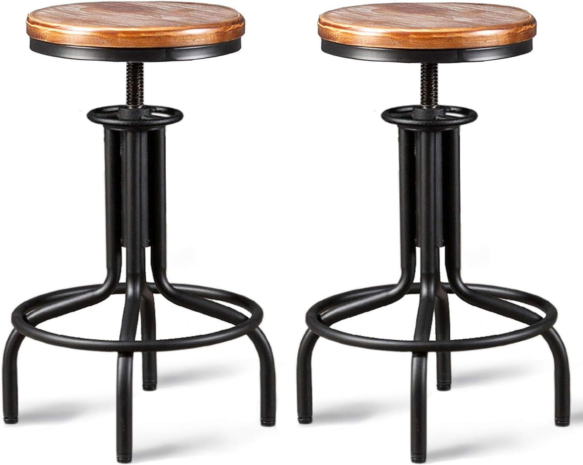 Metal Adjustable Height Bar Stool Set of 2 Black Wooden Top Z13991