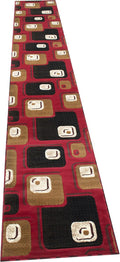 Red and Brown Machine Carved Runner with Ivory and Beige Geometric Design Y737840