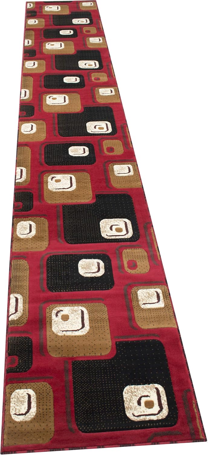 Red and Brown Machine Carved Runner with Ivory and Beige Geometric Design Y737840