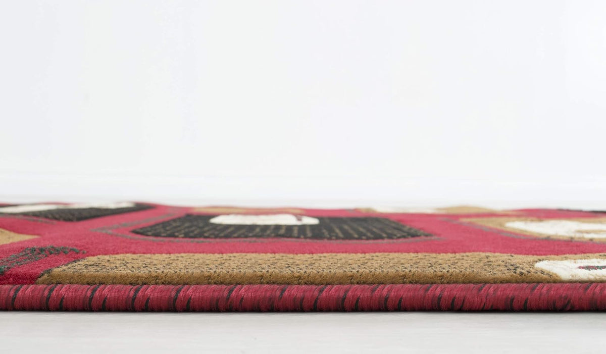 Red and Brown Machine Carved Runner with Ivory and Beige Geometric Design Y737840