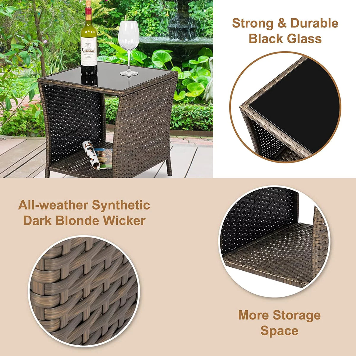 Brown Wicker Rattan Side Table with Storage L299827