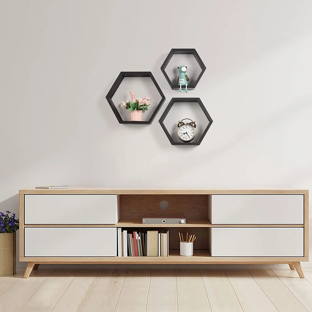 Set of 3 Black Wooden Hexagon Floating Shelves C8342