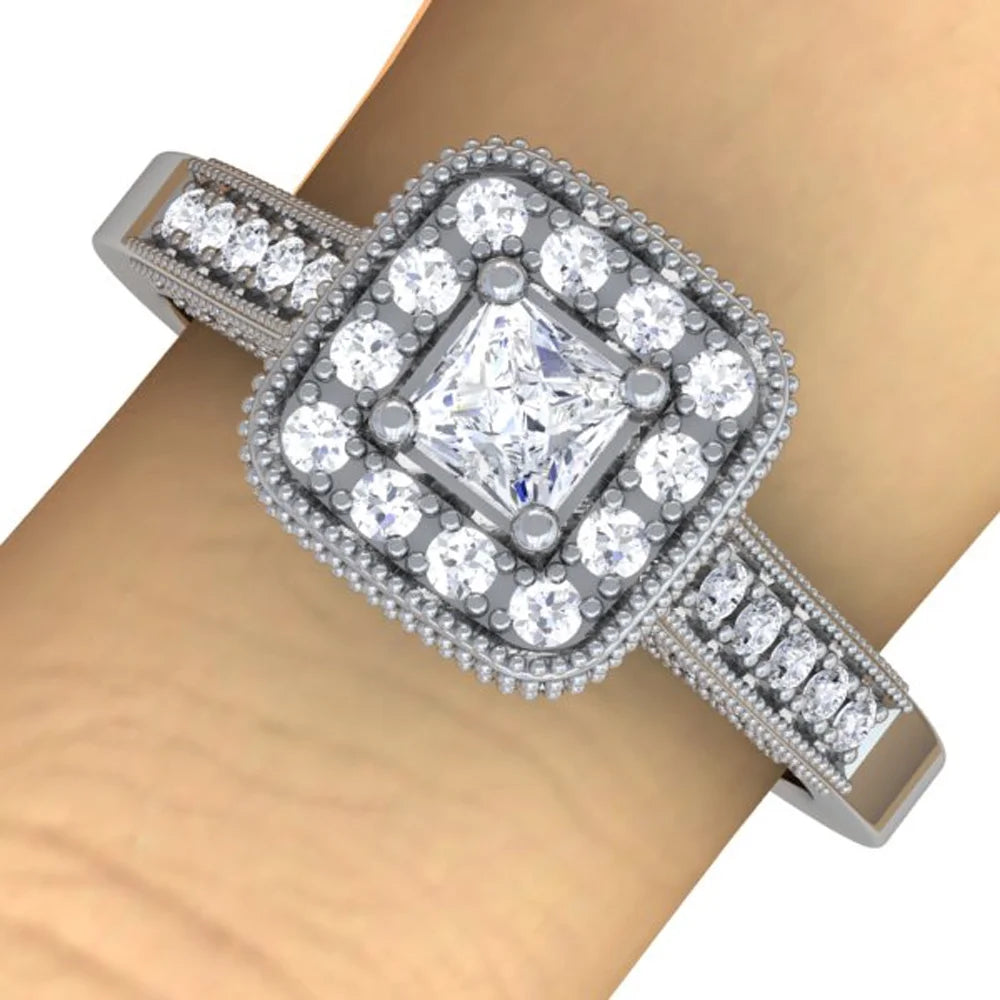 14k White Gold Princess Diamond Halo Engagement Ring G495