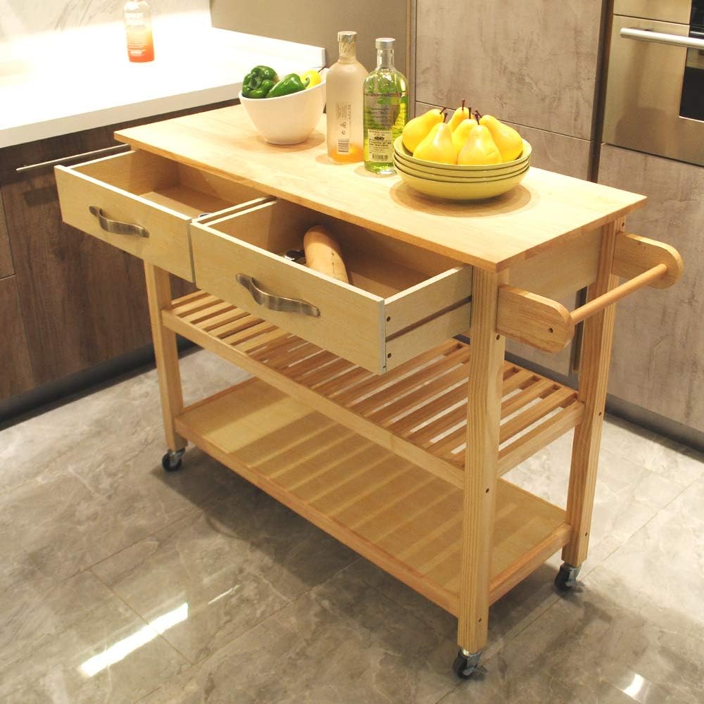 White Rolling Wood Dining Cart with 2 Drawers, 3 Baskets and 2 Shelves H8107