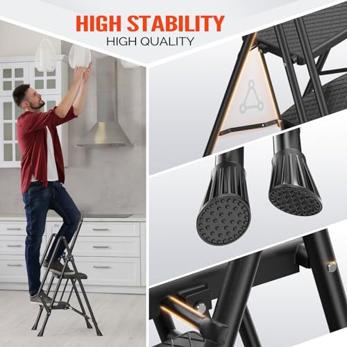 3 Step Folding Ladder with Handrails Black I86774