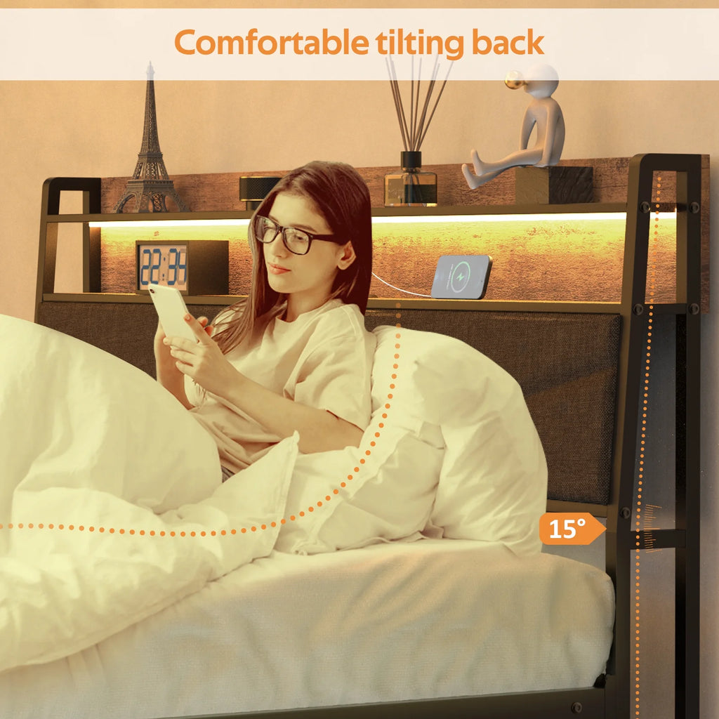 Full Size Upholstered Platform Bed Frame with Charging Station & LED Lights U374