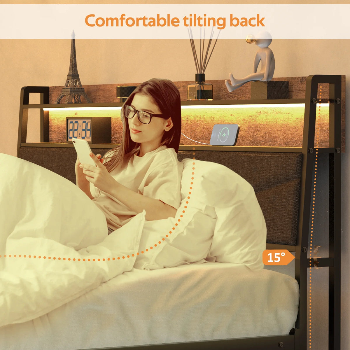 Full Size Upholstered Platform Bed Frame with Charging Station & LED Lights U374