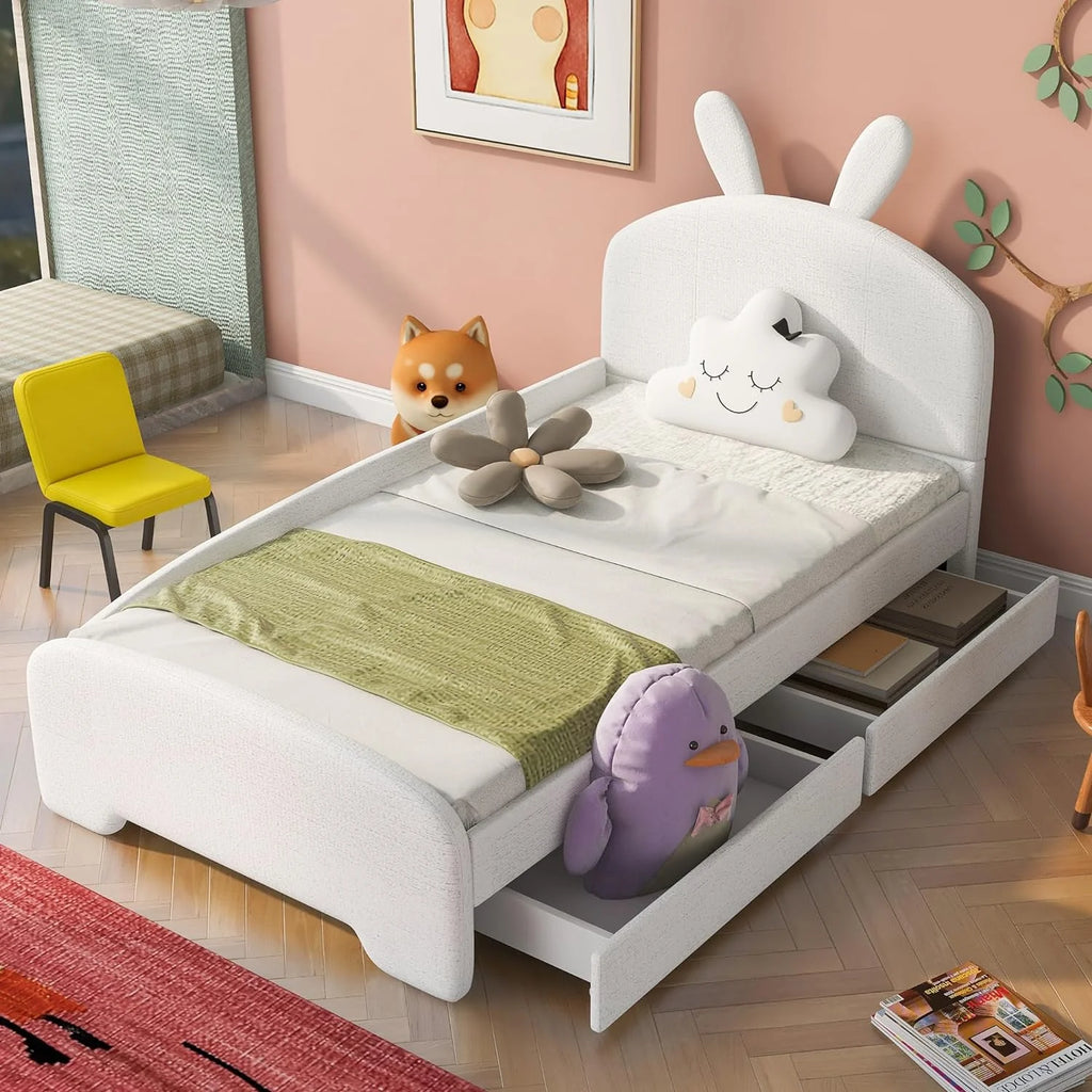 White Chenille Upholstered Platform Bed with Drawers O692910