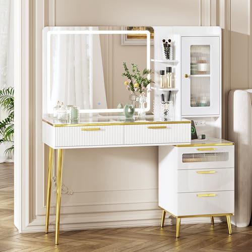 White Vanity Desk with Mirror and Lights G570258