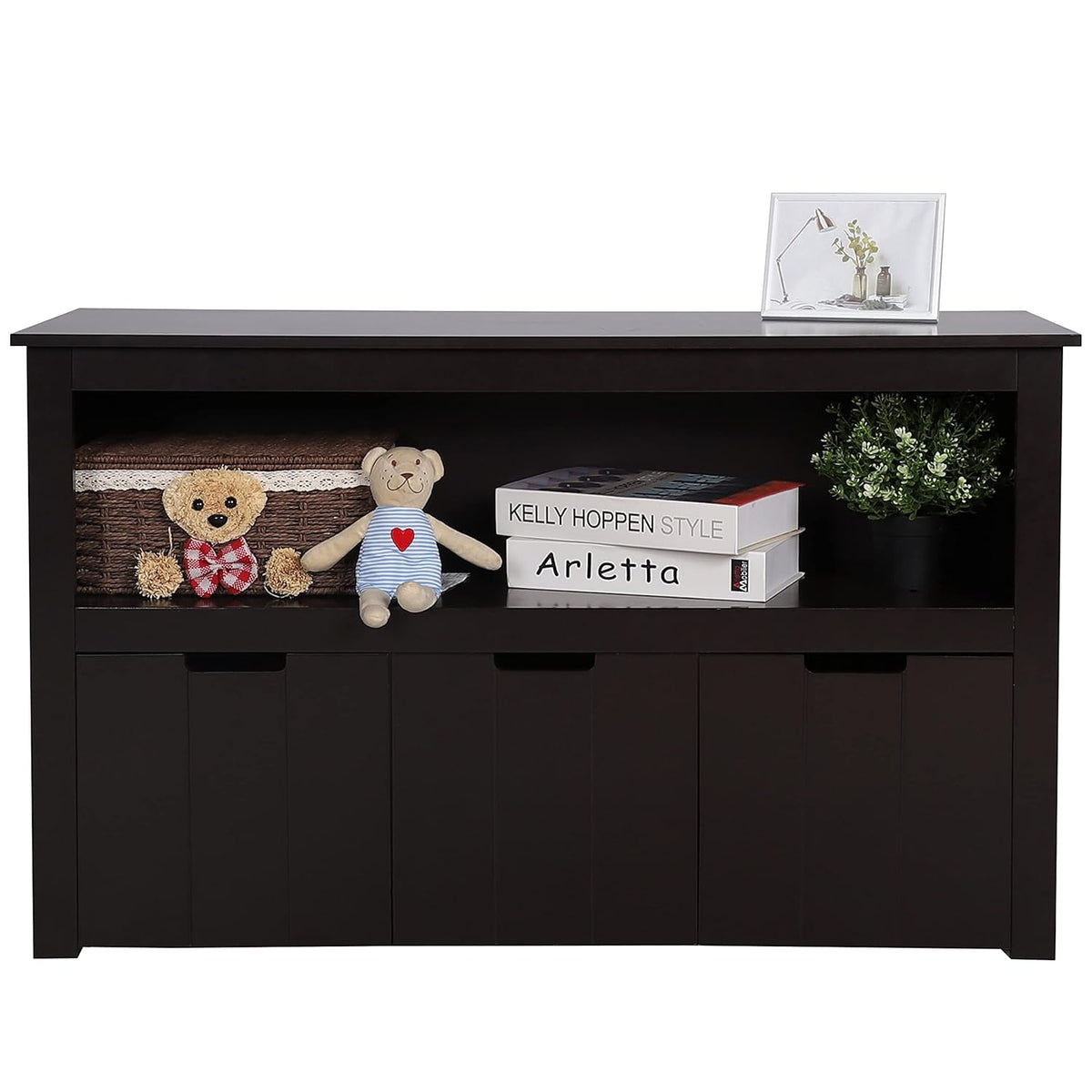 Espresso Toy Box Organizer Storage Cabinet with Movable Drawers and Open Storage Cube Shelf G478959