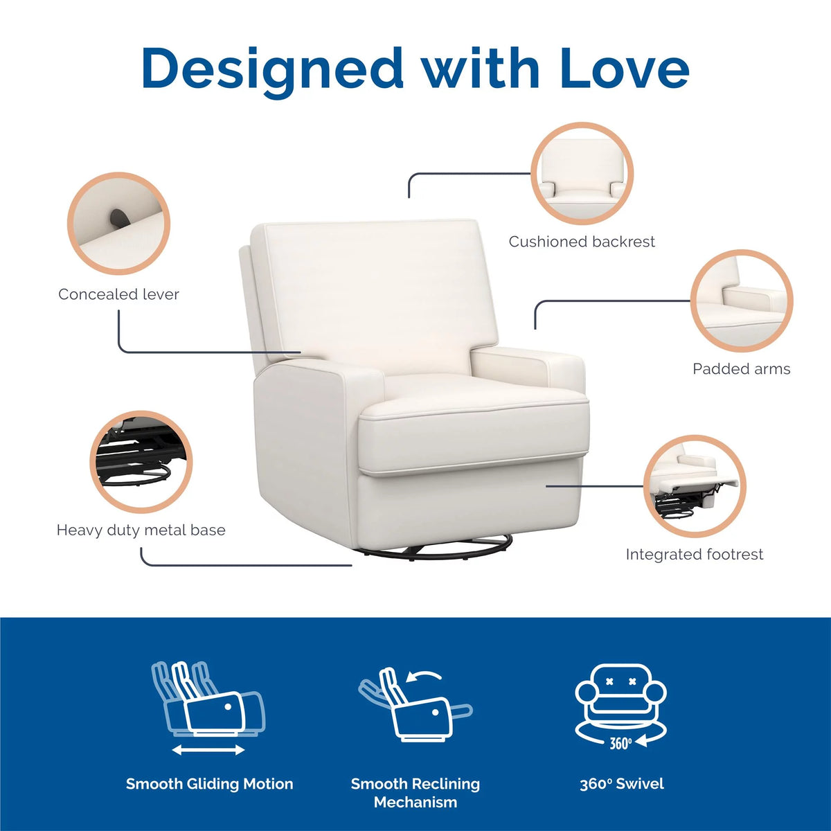 White Linen Swivel Glider Recliner Chair W494