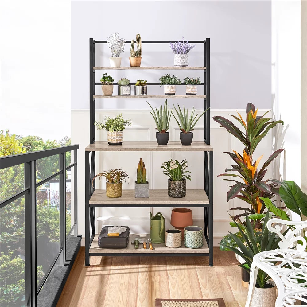 5-Tier Industrial Wood Baker’s Rack Storage Shelf, Gray Y2778