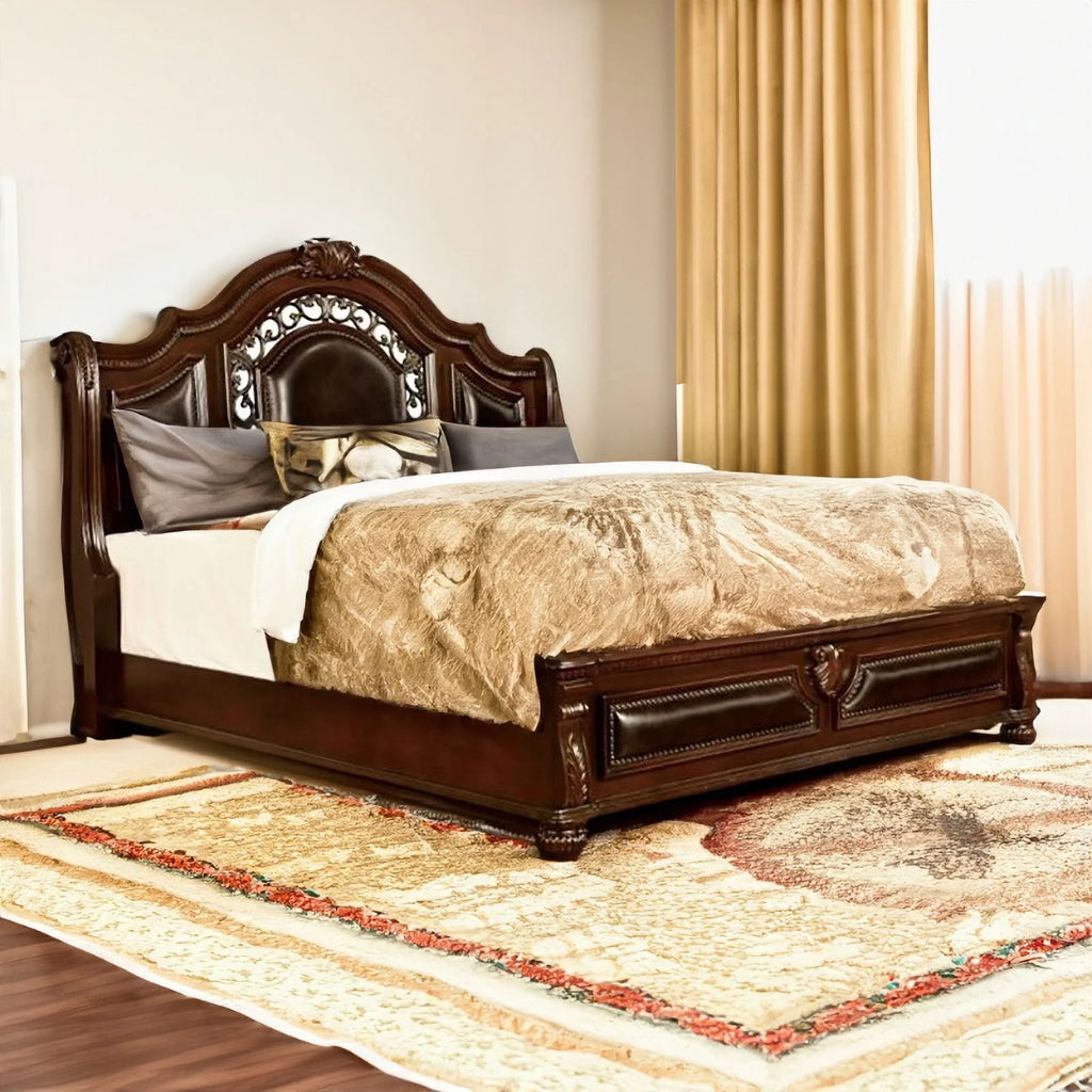 Solid Wood Panel King Bed with Faux Leather T481
