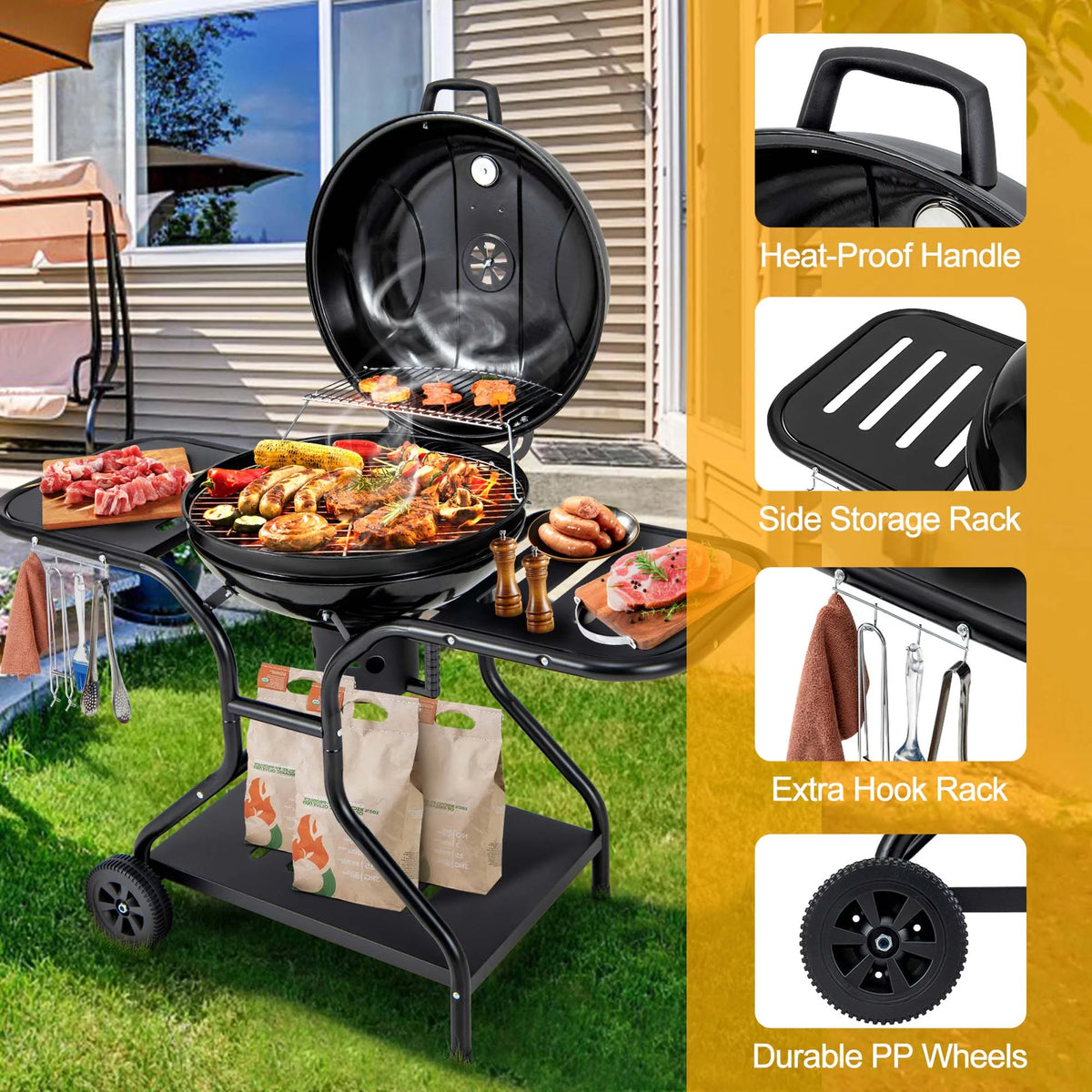 22 inch Charcoal BBQ Grill with Thermometer P8043