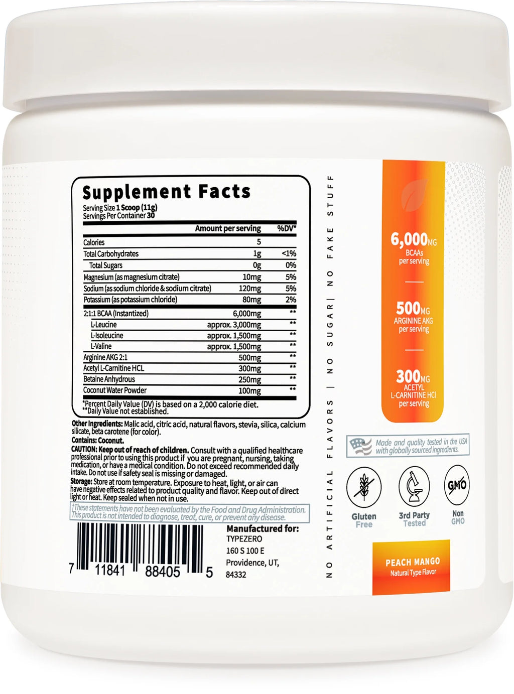 Vegan BCAA Powder + Electrolytes Peach Mango 30 Servings B395244