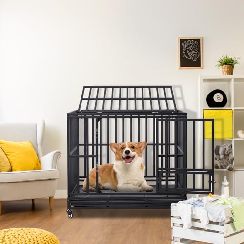 42" Large Metal Wire Dog Crate with Lockable Wheels, Double Door R90746