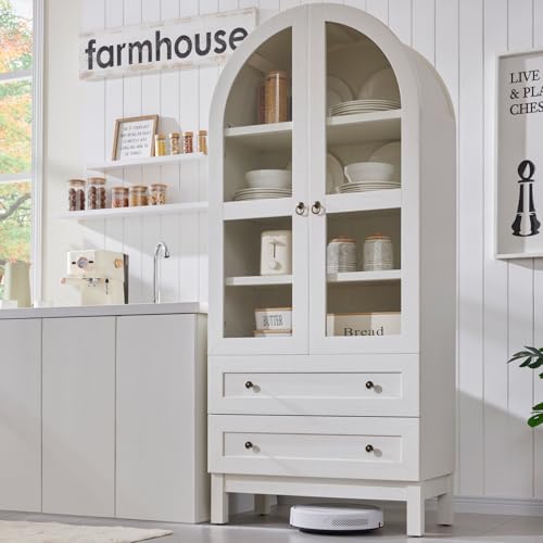 White Arched Wood Kitchen Pantry with 2 Drawers and Adjustable Shelves Q3809