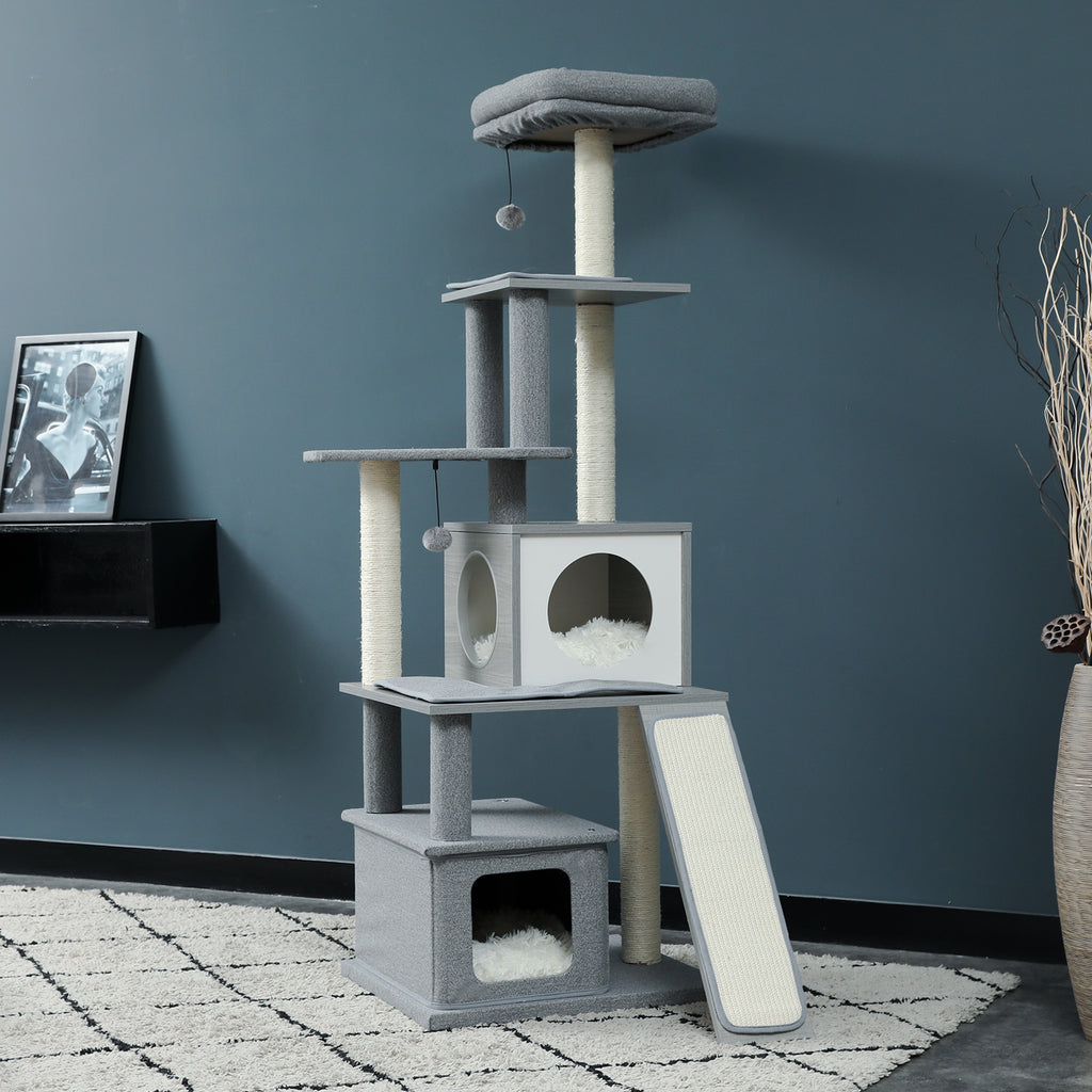Grey Wood Cat Tree with Sisal Scratching Post E33581